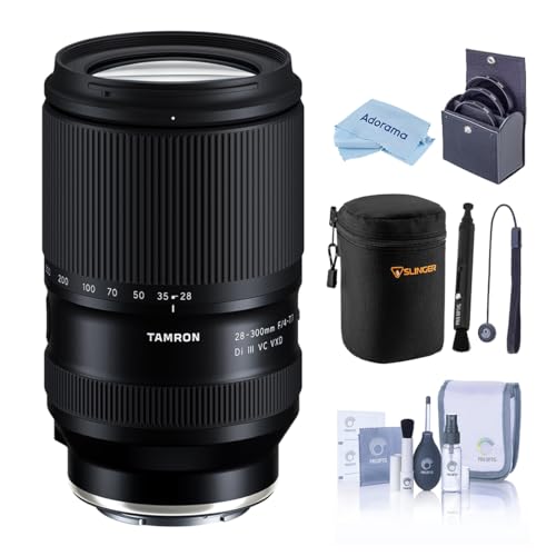 Tamron 28-300mm f/4-7.1 Di III VC VXD Lens for Sony E, Black, Bundle with Filter Kit, Lens Case, Cleaning Kit, Cap Tether and Lens Pen