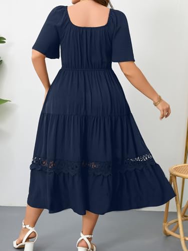 Image of RWJ Women's Plus Size Maxi Dress Short Sleeve Square Neck Flowy A-Line Lace Trim Flutter Party Casual Off Shoulder Dresses