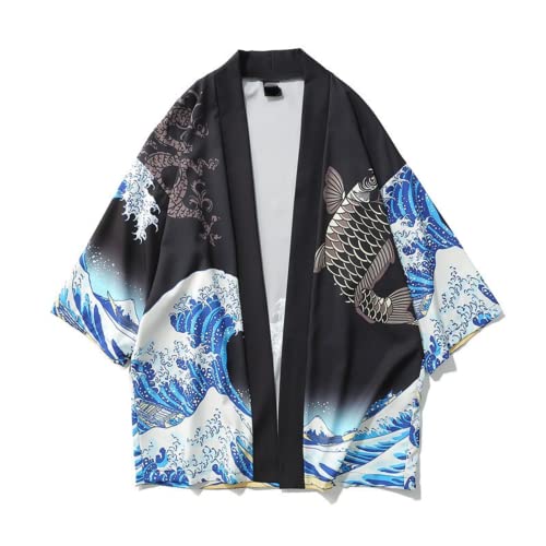 Men Japanese Vintage Short Sleeve Cardigan The Great Wave Off Kanagawa Beach Painting Harajuku Kimono Casual Alt Tops2