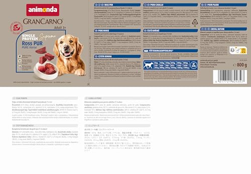 animonda GranCarno Hunde Nassfutter Single Protein Ross pur (6 x 800g), getreidefreies Hundenassfutter ohne Zucker, für ausgewachsene Hunde, mit frischem Pferdefleisch und Innereien