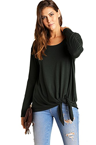 Umgee Usa Women's Soft Light Knit Long Sleeve Top Slitted Sharkbite Hemline And Side Waist Tie Sweater Shirt Top (Medium, Forest Green) #TOP7