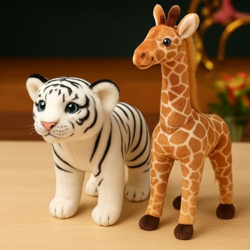 Image of White Tiger & Giraffe Plush Toys Combo | Soft Stuffed Animal Set for Kids | Cute Jungle Animal Plushies for Boys & Girls | Gifting & Home Decor