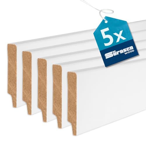 Sörnsen Wood Sockelleiste MDF – 12x68x2440 mm, 5 Stück hochwertige wasserbeständige Fußleisten mit eckigem Weimarer Profil – weiß RAL 9016 lackiert und damit extra langlebig