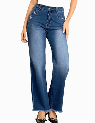JK SUE JONES Wide Leg Jeans for Women Mid High Waist Straight Leg Boyfriend Mom Denim Pants Frayed Raw Hem