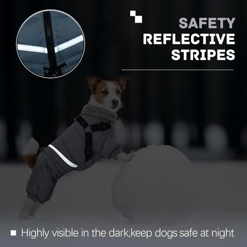 Image of BRKURLEG Grey Dog Winter Coat, Cozy Winter Dog Jackets, Small Dogs Coat with Harness, Onesie Body Warm Puppy Jacket, Pet Reflective Windproof Cold Weather Jackets, Puppy Four-Legged Puffer Coats, XL