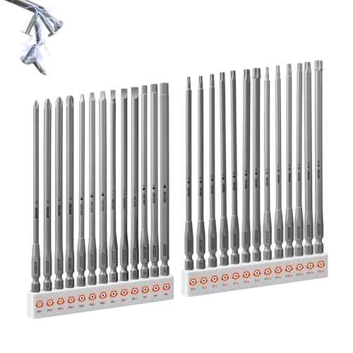 Geinxurn 26Pieces Fixedge Screwdriver Bit Set 6Inches Magnetic Alloy Steel Phillips/Slotted/Square/Torx/Hex/Security Torx Insert Power Bits Tips with Storage Organizer for Home Repair