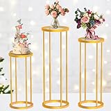 Lynxor Cylinder Pedestal Stands for Parties, 3Pcs Height Adjustable Gold Metal Plant Stand Tables for Weddings Cake Pedestal Stand Floor Plant Tables Geometric Display Rack, Round