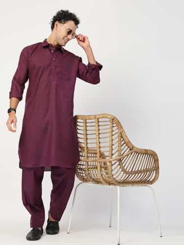Image of Men's Traditional Pathani Kurta Salwar Set, Red, Long Sleeve, Collared Neck, Cotton Blend, Ethnic Wear