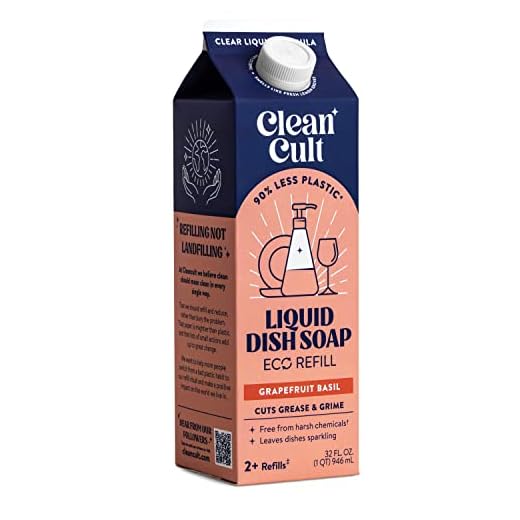 Cleancult Dish Soap Liquid Refills (32oz, 1 Pack) - Dish Soap that Cuts Grease & Grime - Free of Harsh Chemicals - Paper Based Eco Refill, Uses 90% Less Plastic - Grapefruit Basil