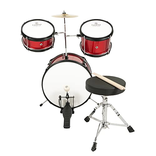 Image of Kadence BYDRMRD 3-Piece Kids Acoustic Drum Kit | 14 inch Bass Drum | Multi-Ply Wooden Shells | Includes Cymbal, Stool & Pedal | Glossy Red