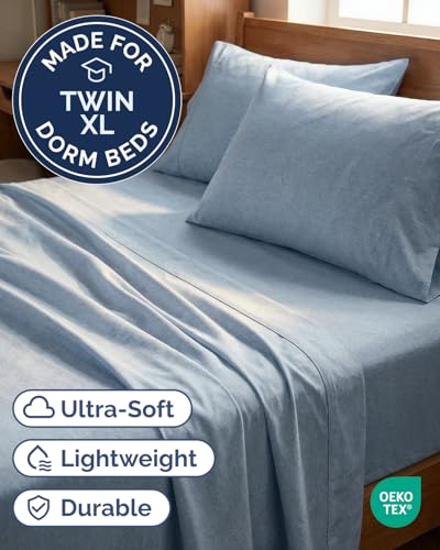 Image of Twin XL 4 Piece Sheet Set - College Dorm Room Essentials - Heathered Blue | Ultra Soft Dorm Bedding Set, 8 inch to 16 inch Inch Deep Pockets, 1 Flat & 1 Fitted Sheet & 2 Pillowcases, Wrinkle & Fade Free