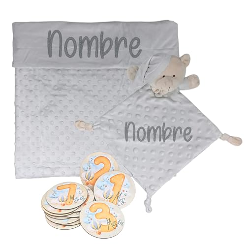 Mababyshop- Set Manta y Dou Dou Burbujas Personalizado y Placas Cumplemes de Madera - Regalo Bordado para Recién Nacido - Regalo para Baby Shower, Bautizo (Gris Kids)