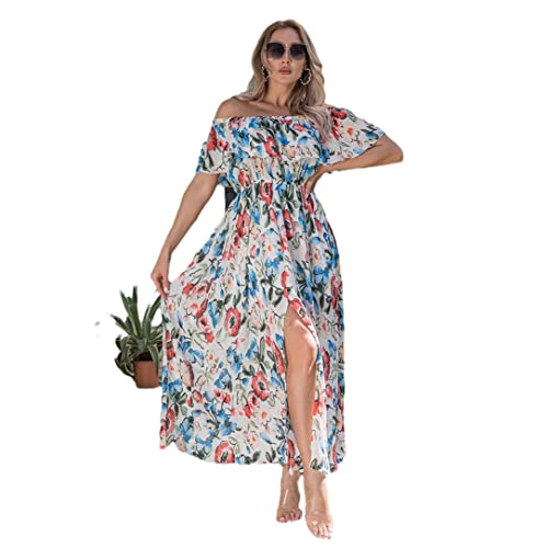 Robe longue sexy blanche XL avec manches courtes volants imprimé
