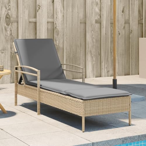 LoogCape Tumbona de poliratán con cojín beige 63 x 200 x 81 cm, respaldo ajustable, acolchado, resistente a los rayos UV, para jardín, balcón, terraza, piscina y exterior