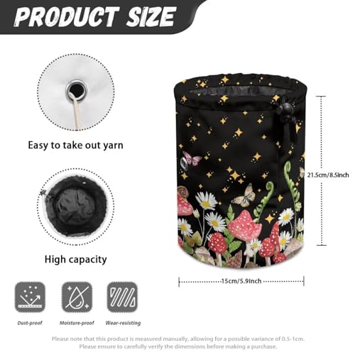Image of Sellikakes Yarn Bag Crochet Storage Organizer with Drawstring, Mushroom Daisy Crocheting Storage Bag Organizer Yarn Holder for Crocheting Project Store Skein Ball, Short Knitting Needle