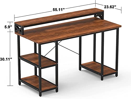 Halter Wood Computer Desk With Monitor Shelf, 55 Inch Industrial Studio Gaming Desk With Storage, Dual Monitor Stand, Home Office Pc Desk, Modern Rustic Compact Writing Desk, Walnut And Black #TOP1