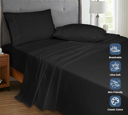 Image of Royale Linens 100% Organic Cotton King Flat Sheet Only - Super Soft - Percale Top Sheets - King Flat Sheet Sold Separately - Breathable, Cool & Crisp Black Sheets Only (105 inch x 102 inch, Black)