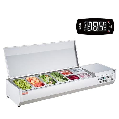 VEVOR E60TW-G, 150 W Countertop Refrigerated Condiment Station, with 4 1/3 4 1/6 Pans, 304 Body and PC Lid, Sandwich Prep Table Guard, ETL, Stainless 60in, Silver