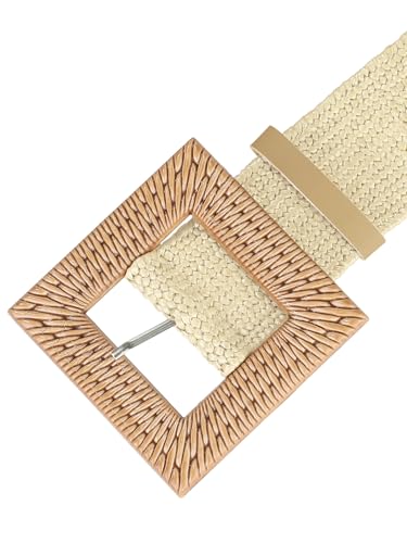 Ladies Woven Wide Stretch Belts, Straw Rattan Square Wooden Buckle Elastic Waist Belt Waistband for Dress2