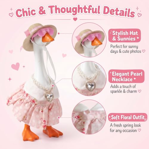 7 Inch Goose Decor for Desk, Mini Desktop Geese Outfits Spring Summer Clothes, Cute Duck Costume Accessories with Felt Hats Dresses Sunglasses, Funny Office Table Decoration Gifts — view 2