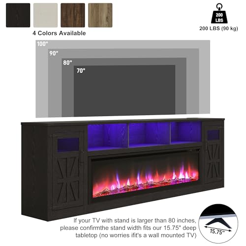 Image of Fireplace TV Stand for 100 Inch TV, 95 inch Farmhouse Entertainment Center with 60 inch Electric Fireplace & LED Lights, Large Media Console for Living Room, Rustic Barn Doors, Power Outlets,Black