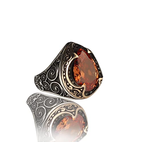 925 Sterling Silver Citrine Stone Men Silver Ring, Citrine Stone Men's Ring, Handmade Engraved Men's Silver Ring, Turkish Silver Ring