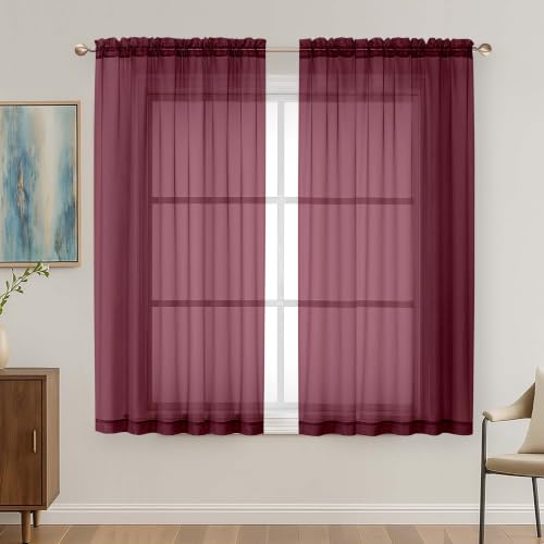 Image of Burgundy Sheer Curtains 63 Inches Long 2 Panels Set, Light Filtering Sheer Curtains for Living Room Bedroom 59 Inch Extra Wide, Modern Voile Filmy Rod Pocket Window Drapes, 59Wx63L Inches
