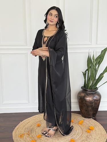 Image of Alvami Women's Silk Embroidery Straight Kurta and Pant Set with Dupatta