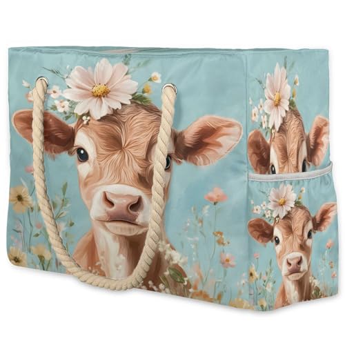Cow Large Tote Beach Bags for Women with Zipper Bull Waterproof Sandproof Gym Swim Pool Grocery Travel Bag