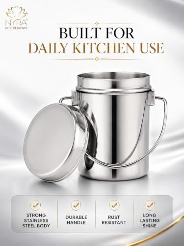 Image of Nyra Stainless Steel Milk Pot /Milk can /Milk Barni /Oil can (with lid and Handle) deep Dabba /Storage Container, Flat Bottom dolu for ghee, Oil, Curd, Grains, pulses /dolchi for Milk -Capacity 1.8Litre