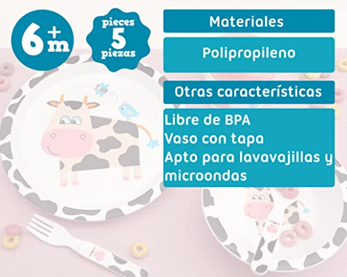 KIOKIDS Stoviglie per bambini, 5 pezzi, mucca