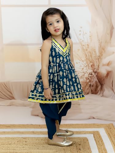 Image of BownBee Halter Neck Pure Cotton Fish Print Kurti with Harem for Girls- (Set of 1) Solid /Printed colorful full length fully stitched regular fit Ethnic wear dress for Kids