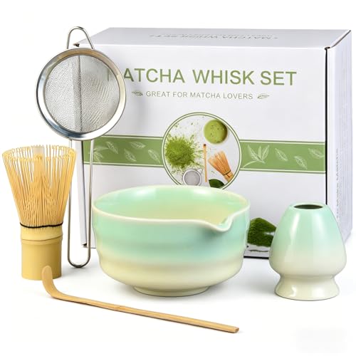 Matcha Whisk Set, 5pcs Japanese Ceremony Matcha Tea Kit Includes Ceramic Matcha Bowl with Spout, Bamboo Whisk & Holder, Traditional Scoop, Stainless Sifter, Gift for Matcha Lovers Beginner