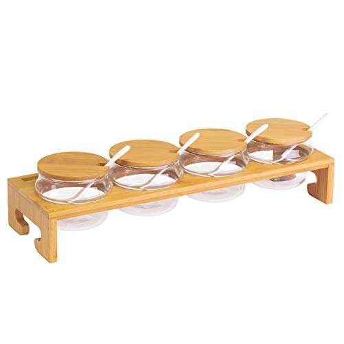 Westmark Bar à Confiture/Présentoir, Set 13 Pièces., 1 Support + 4 Pots + 4 Couvercles + 4 Cuillères, Largeur: 38,5 cm, Bambou/Verre/Céramique, Tapas +...