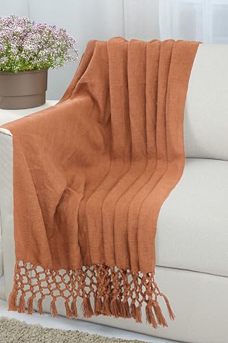 Image of HAKAM Cotton Throw Blanket with Macrame Tassels for 3 Seater Sofa | Ideal for Your Home, Living Room, Sofa, Bed, Chair, Picnic & Used for Gift - 50X70 inch | Light Orange (Small Single)