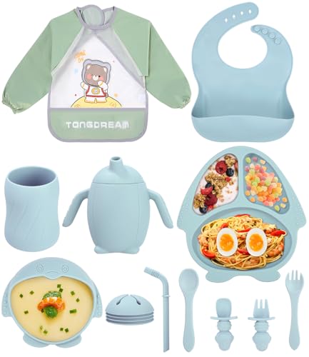SinLaw Juego vajilla bebe de silicona,11 Piezas Vajilla de Silicona para Bebés Antideslizante, Plato Ventosa Dividido, Baby Weaning Self Feeding Cubiertos de Regalo (Azul)