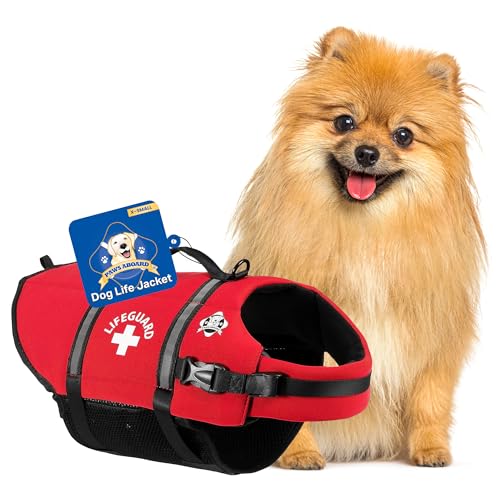 Paws Aboard Dog Life Jacket - Swimming Vest for Dogs, Adjustable, Reflective, Comfortable, Multiple Colors, Patterns, XX-Small to Extra Large Dog Swim Vest with Handle (Red, X-Small)