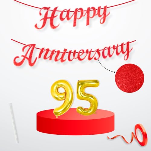 Image of Flyloons 95th Happy Anniversary Banner Red Decorations Kit for Men Women Wedding Anniversary Banner Items without Balloons