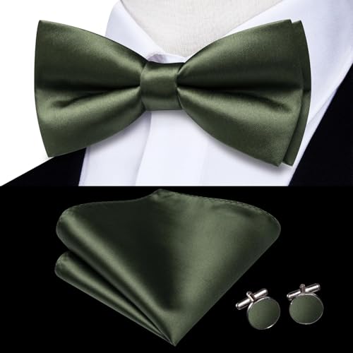 Image of Hi-Tie 5Pcs Mens Solid Color Silk Tie Satin Pretied Bowtie Lapel Pin for Men Handkerchief Cufflink Wedding Gift Box