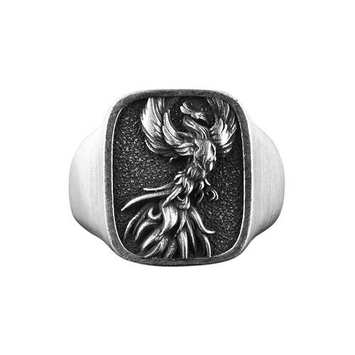 BySilverStone - Sterling Silver Phoenix Fire Bird Men Ring, Square Signet Rings for Men, Best Friend Fantasy Rings, Mythology Ring for Husband, Cool Male Gift Jewelry
