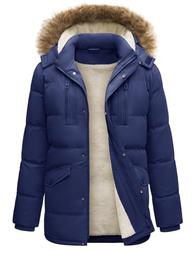 TOMEEK Chaqueta Hombre Invierno Impermeable Abrigo Larga Parka Chaqueta Abrigos Hombre de Trabajo Chaquetones de Invierno con Sombrero Desmontable(Azul marino,S)