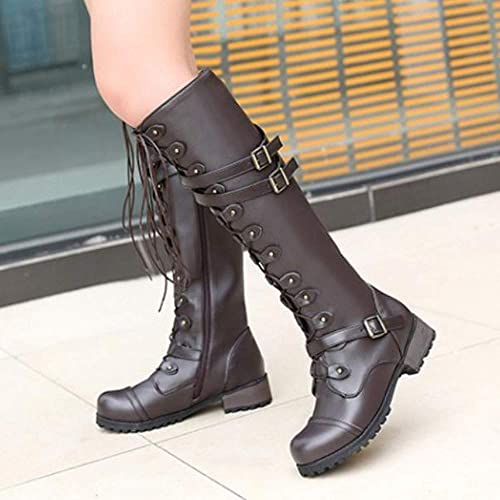 Women PU Leather Knee Boots, Strappy Lace-up Gothic Vintage Punk Buckle Military Combat Stacked Heel Boot Shoes Knee-High Boots3