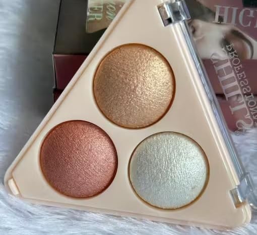 Colour Highlighter Palette, Ultra Blendable & Long Lasting, Blinding Glow, Bronzer Shimmer Face Illuminator Pressed Powder, High Definition, Highly Pigmented,(Shades 3 in1) (3color highlighter)-image-36