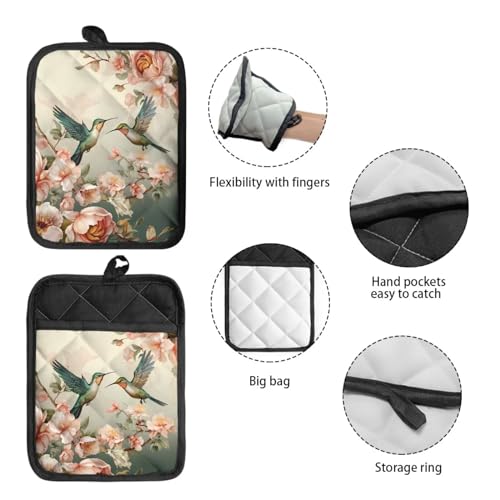 Wellflyhom WELLFLYHOM-28 Hummingbird Floral Pot Holders With Pocket Kitchen Heat Resistant Hot Pads Spring Birds 2 Pack Non-Slip Potholders Oven Mitts Kitchen Gloves Cooking Bag thumb #3