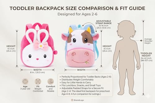 Image of Cartoon Plush Kids School Bag 2-6 Years | Soft Toy Backpack for Boys & Girls | Toddler Nursery Preschool Bag | Lightweight Adjustable Straps