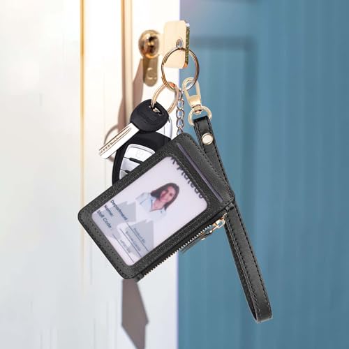 Image of M-Plateau RFID Blocking Keychain Wallet With Leather Wrist Strap | Keychain Wristlet, Womens Card Holder with Zipper Coin Pocket and ID Window(Black)