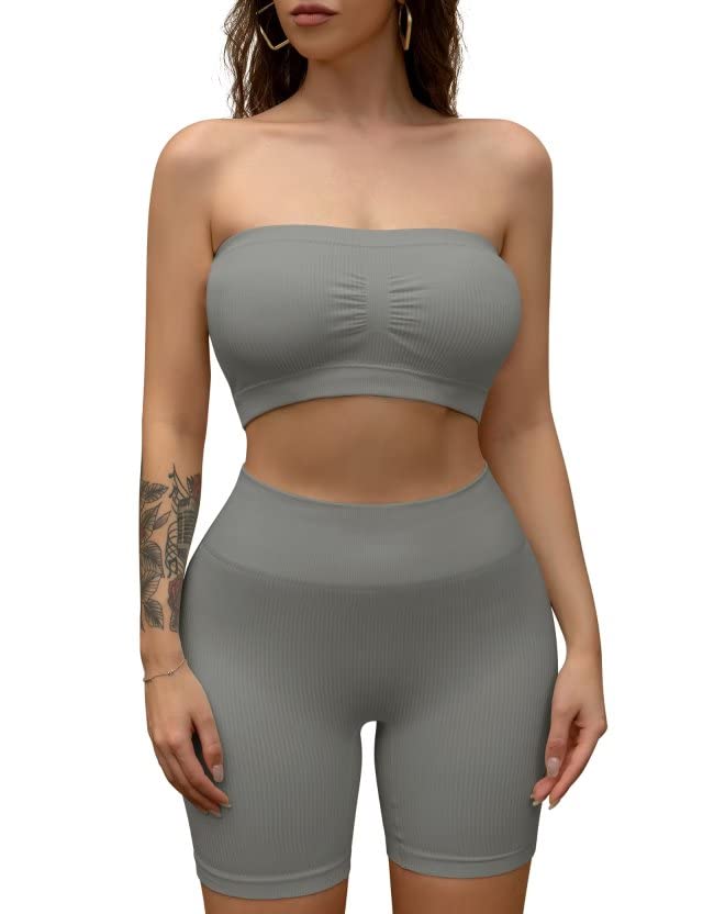 Photo 1 of Gnowann Two Piece Outfits for Women Seamless High Waisted Yoga Shorts set Brown (Small)