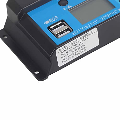 Controlador de carga solar PWM de 20 A, regulador de batería de 3 etapas con tubo MOS de 2 vías, circuito antirreflujo, pantalla LCD, protección contra sobrecarga de marcha atrás corta para sistema de
