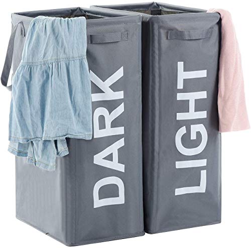 ALINK 26" Tall Slim Laundry Hamper with Handles, 2Pcs/Set Large Thin Foldable Waterproof Double Laundry Basket Bag for Dirty Clothes Storage - Gray