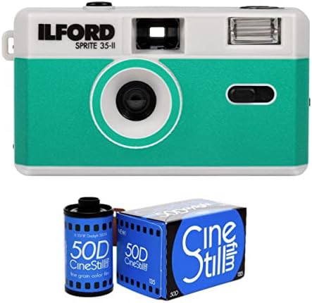 Ilford Sprite 35-II Reusable/Reloadable 35mm Analog Film Camera (Silver and Teal) with CineStill 50Daylight Color Negative Film Bundle (2 Items)